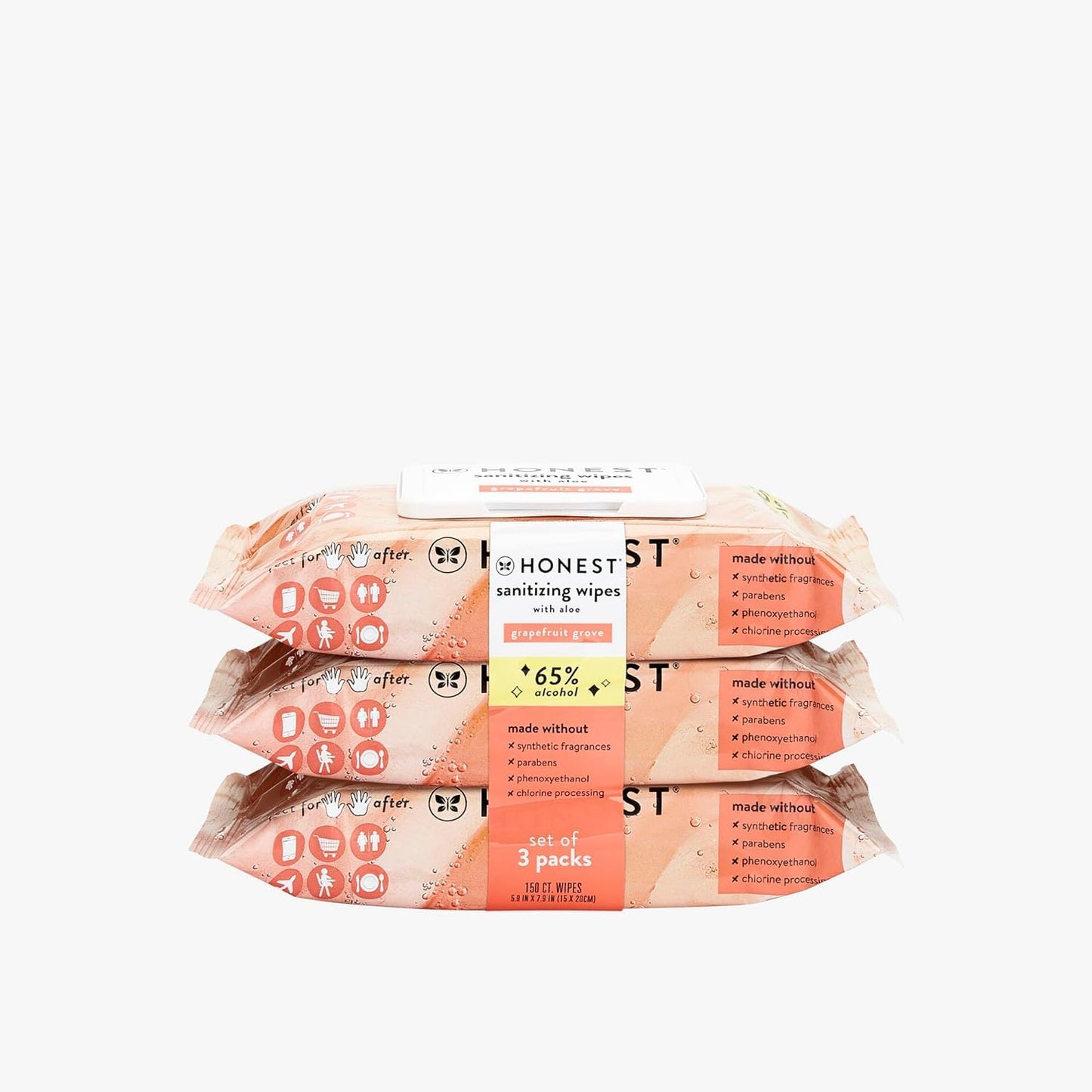 The Honest Company Sanitizing Alcohol Wipes Kills 99% Of Germs, Made With Aloe Grapefruit Grove, 150 Count (3 Packs Of 50)