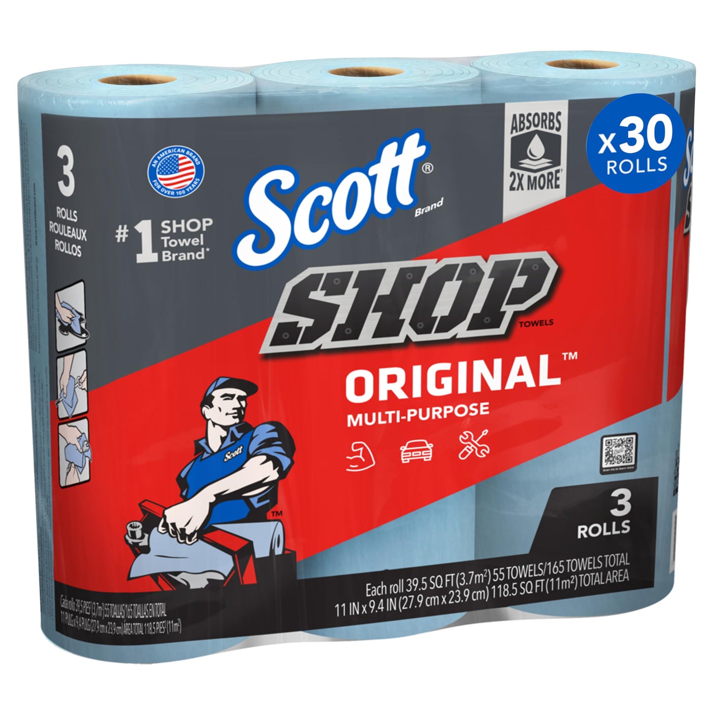 Scott Shop Towels Original (75143), Original Blue Shop Towels, 9.4x11 Sheets, 10 Packs Of 3 Rolls (55 Towelsroll, 30 Rollscase, 1,650 Towelscase)