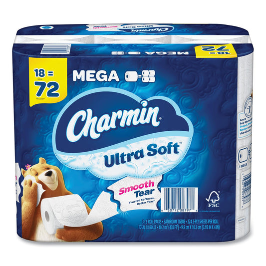 Charmin 99862 Ultra Soft Mega 2-ply Standard Toilet Paper White 18 Rolls Patterned