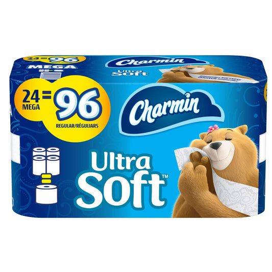 Charmin Ultra Soft Toilet Paper, 24 Mega Rolls Bathroom Tissue 96 Regular Rolls 24 Count (pack Of 1) Patterned