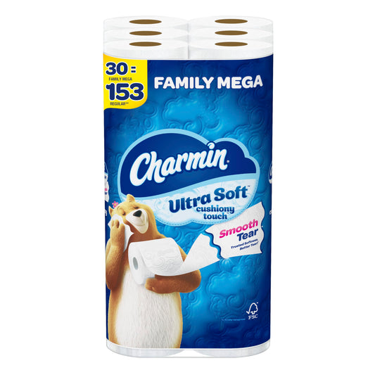 Charmin Ultra Soft Cushiony Touch Toilet Paper, 30 Family Mega Rolls 153 Regular Rolls 30 Count