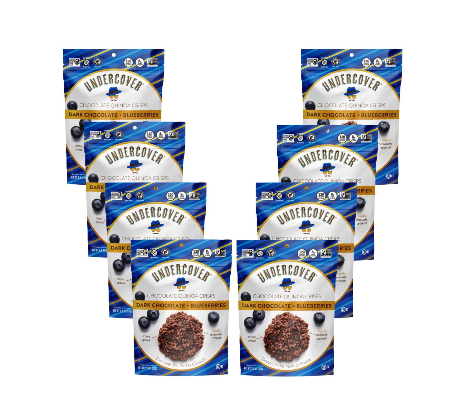 Undercover Chocolate Quinoa Crisps - Dark Chocolate Blueberries Quinoa Crisps 8-pack, 2oz Bags Gluten Free, Nut-free, Allergen Friendly, Kosher, Plant-based