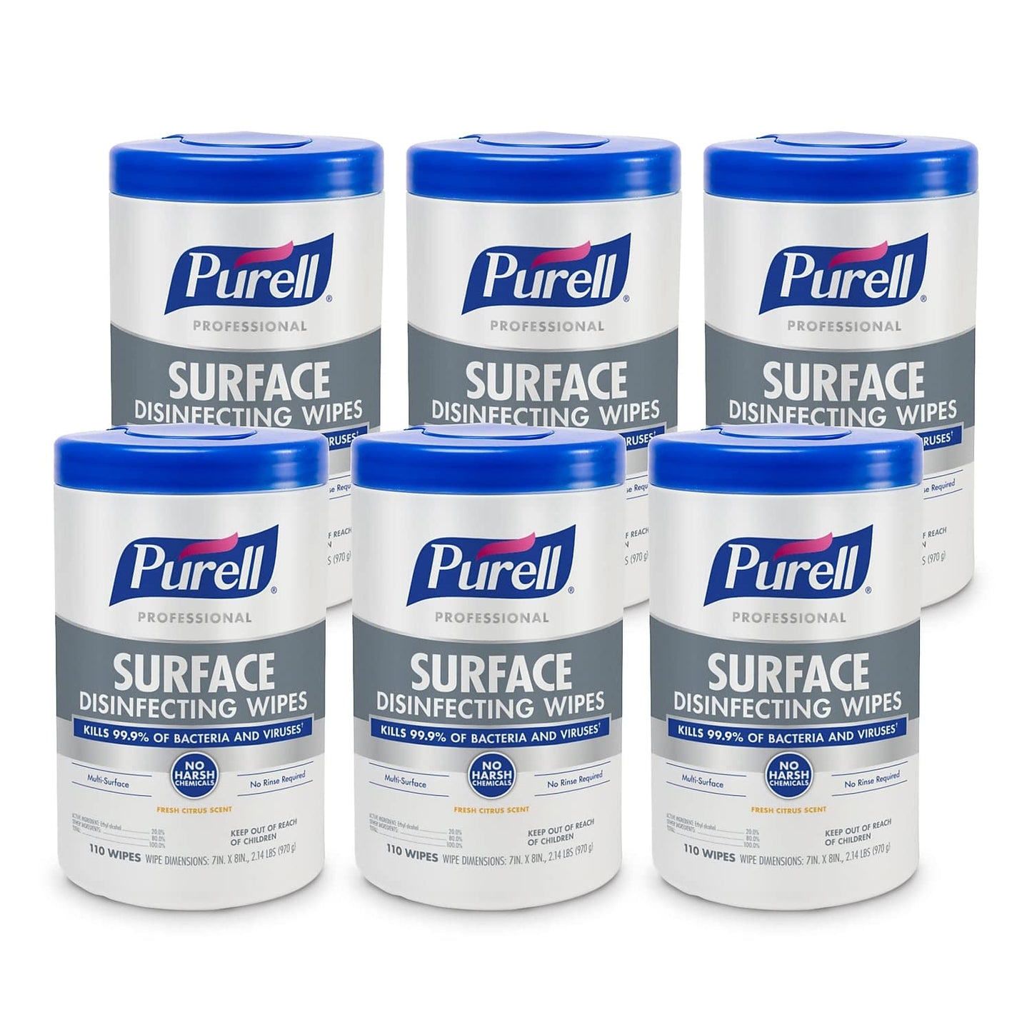 Purell Professional Surface Disinfecting Wipes, Citrus Scent, 110 Count Canister, 7x 8 Wipes (pack Of 6) - 9342-06