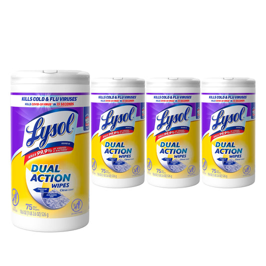 Lysol Dual Action Disinfectant Wipes, Multi-surface Antibacterial Scrubbing Wipes, For Disinfecting And Cleaning, Citrus Scent, 75ct (pack Of 4), Packaging May Vary