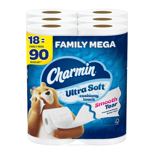Charmin Ultra Soft Cushiony Touch Toilet Paper, 18 Family Mega Rolls 90 Regular Rolls 18 Count