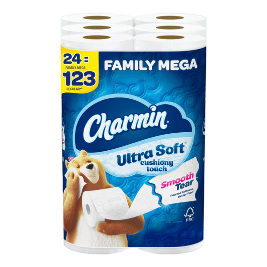 Charmin Ultra Soft Cushiony Touch Toilet Paper, 24 Family Mega Rolls 123 Regular Rolls 24 Count (pack Of 1)