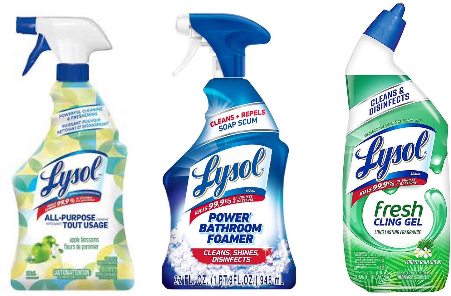 Lysol Bundle - All Purpose Spray, Apple Blossom (650ml), Power Bathroom Foamer (32 Fl Oz), Fresh Cling Gel, Forest Rain Scent (24 Fl Oz)