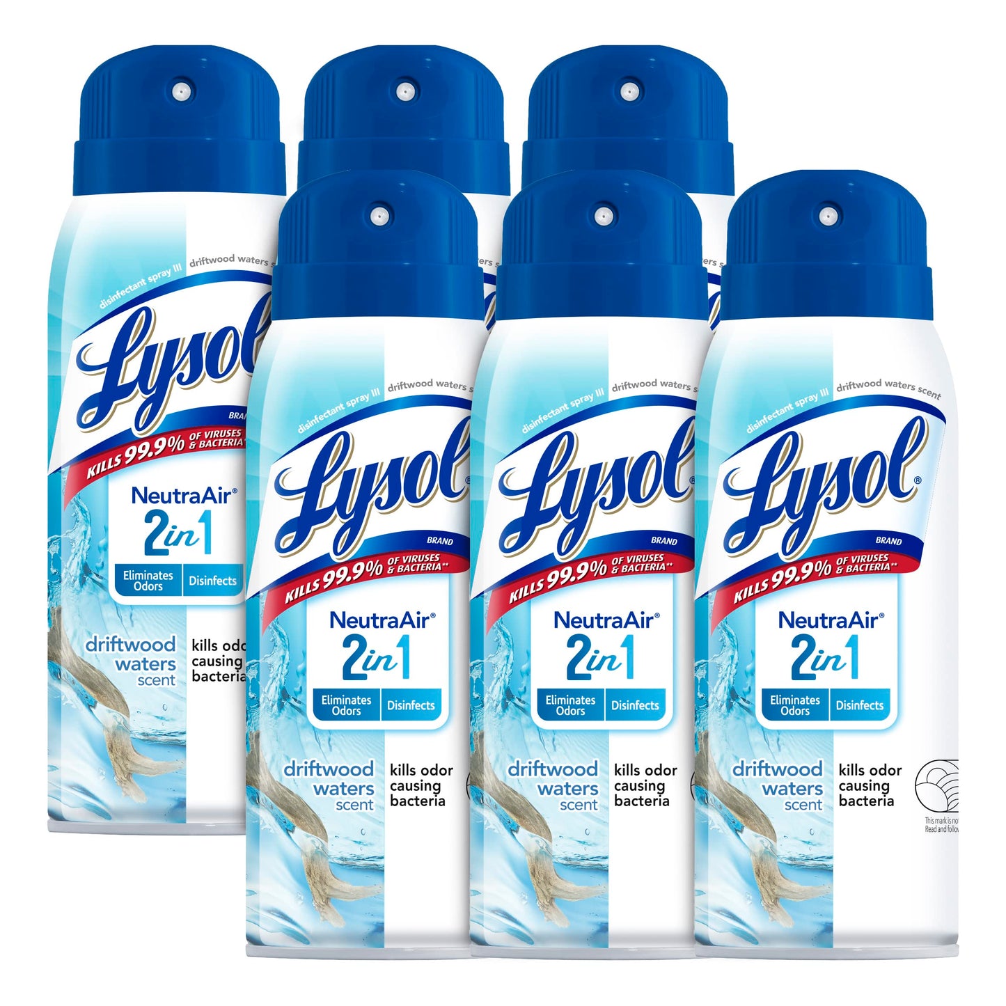 Lysol Neutra Air 2 In 1, Disinfectant Spray, Eliminates Odor, Driftwood Waters, 6 Pack (6x10 Oz), Air Freshener