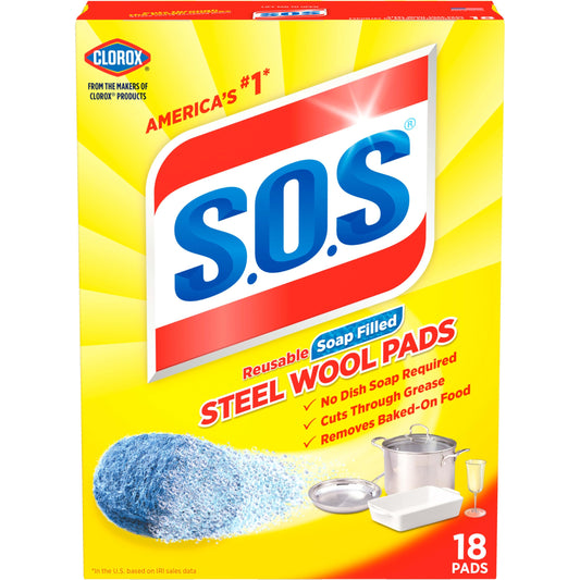 S.o.s Steel Wool Soap Pads, Home Cleaning Pads, Reusable Soap Scrubbers, Grease Cleaner, Outdoor, Bathroom Or Kitchen Cleaning, 18 Count (pack Of 12)