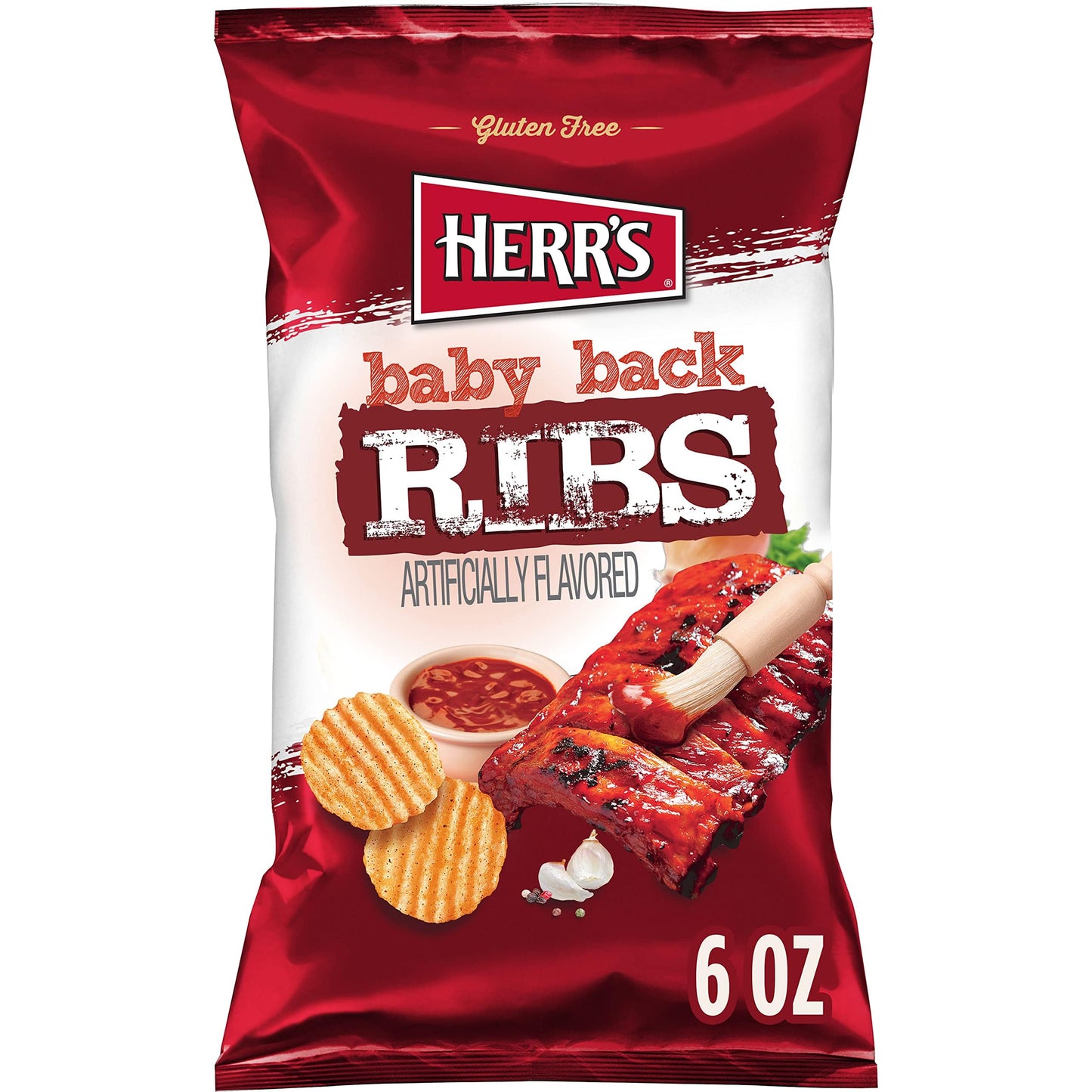 Herrs Potato Chips, Baby Back Ribs Flavor, Gluten Free Snacks, 6oz Bag (12 Count) Baby Back Ribs 6 Ounce (pack Of 12)