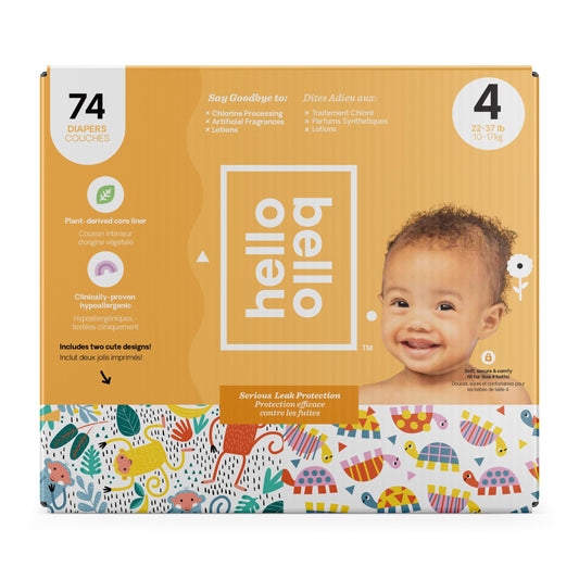 Hello Bello Diapers, Size 4 (22-37 Lbs) - 74 Count Of Premium Disposable Baby Diapers In Monkeys & Turtles Designs - Hypoallergenic With Soft, Cloth-like Feel