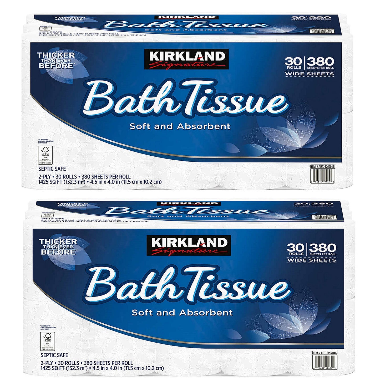 Kirkland Signature Bath Tissue, 2-ply, 425, 2 Pack (30 Count) 11400 Count (pack Of 2)